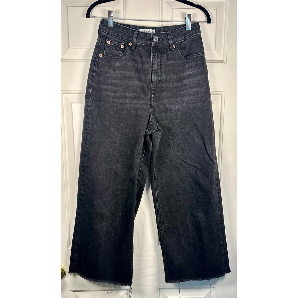 Pull&Bear Womens 4 High Waisted Wide Leg Skater Jeans Washed‎ Black Raw Hem Boho